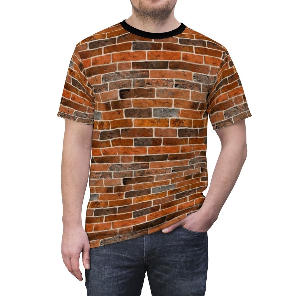 A t-shirt featuring a realistic brick wall print design - men front