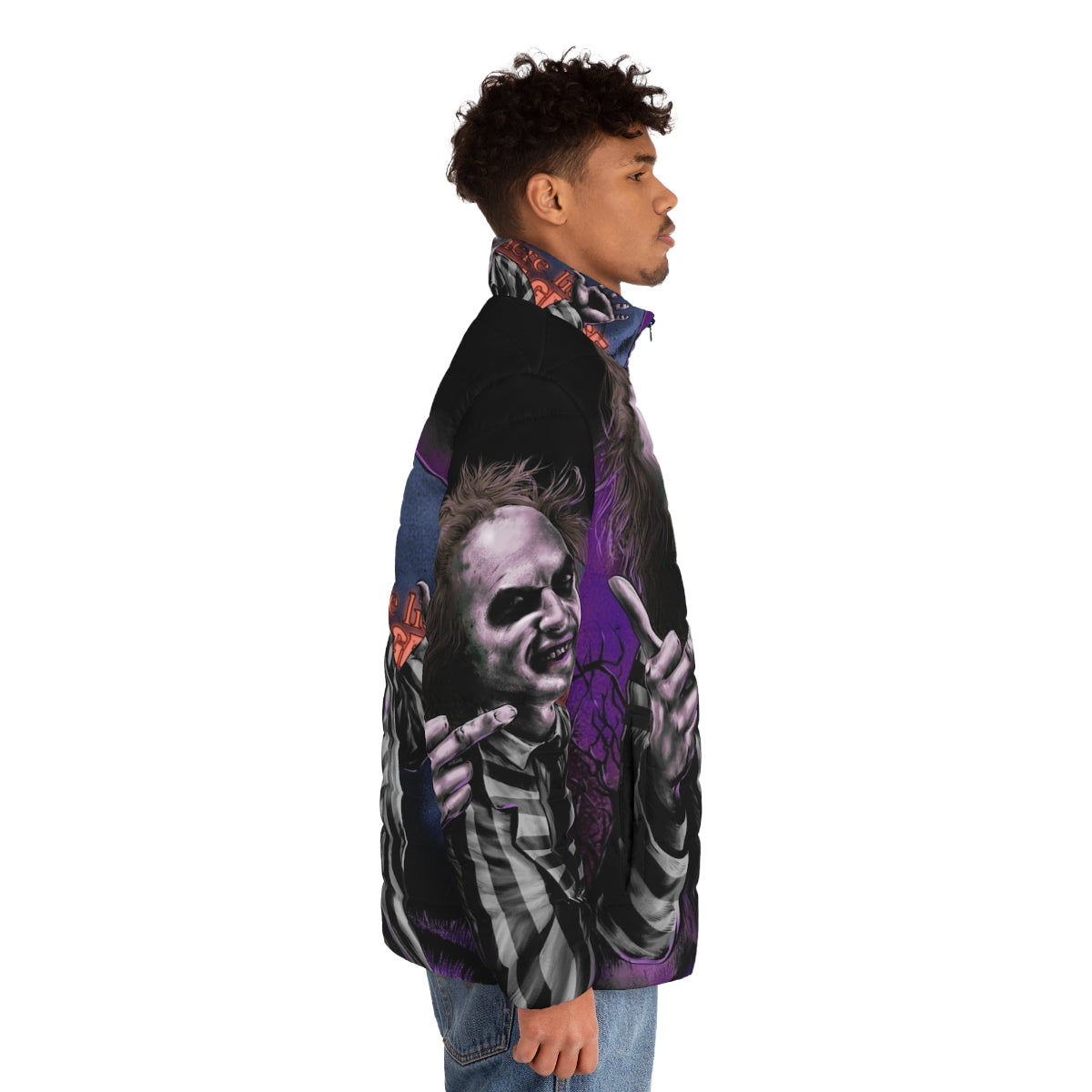 Beetlejuice-themed puffer jacket with a dark, gothic aesthetic - men side right