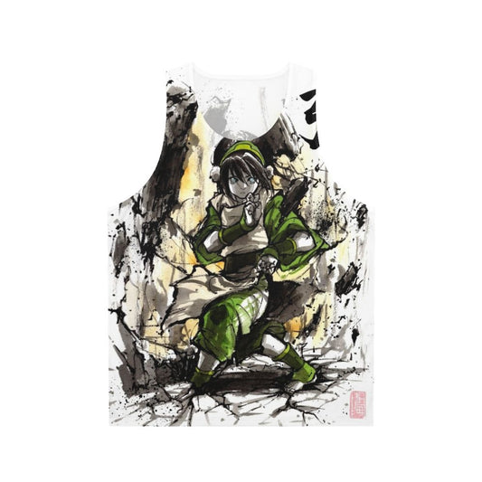 Toph from Avatar the Last Airbender depicted in sumi ink and watercolor art on a unisex tank top