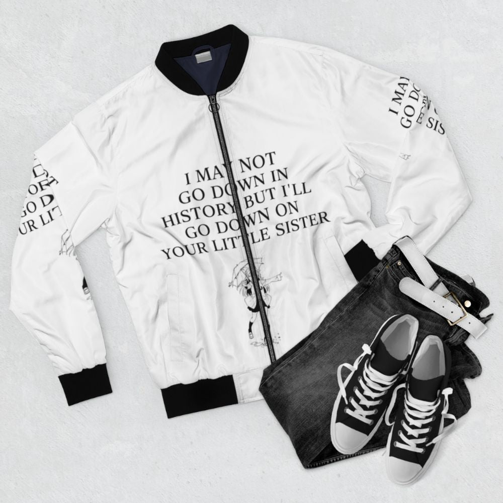 Anime-style bomber jacket with text "I may not go down in history" - Flat lay