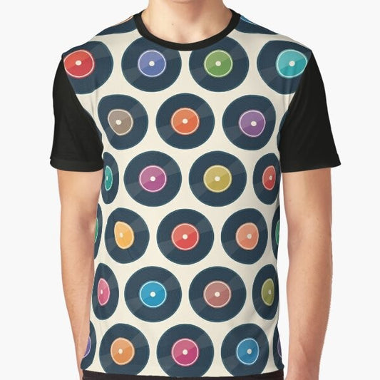 Vintage vinyl record graphic design t-shirt with a retro, minimalist, and groovy pattern