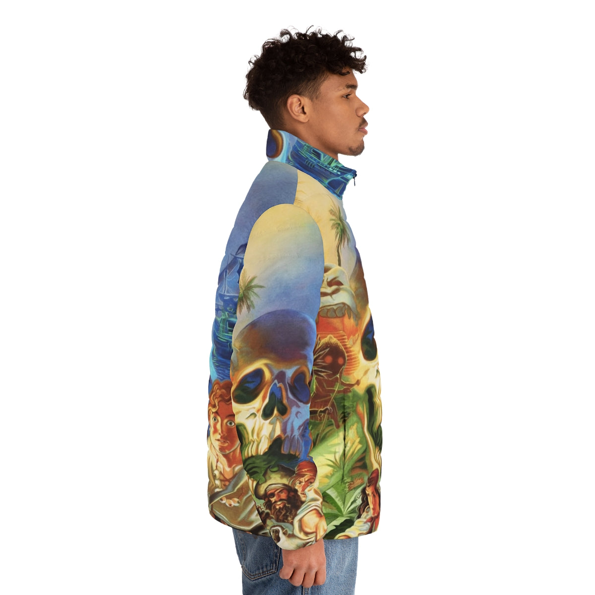 High contrast puffer jacket featuring iconic Monkey Island pixel art design - men side right