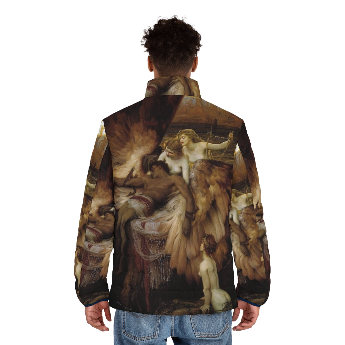 The Lament for Icarus puffer jacket featuring the iconic painting by Herbert James Draper - men back