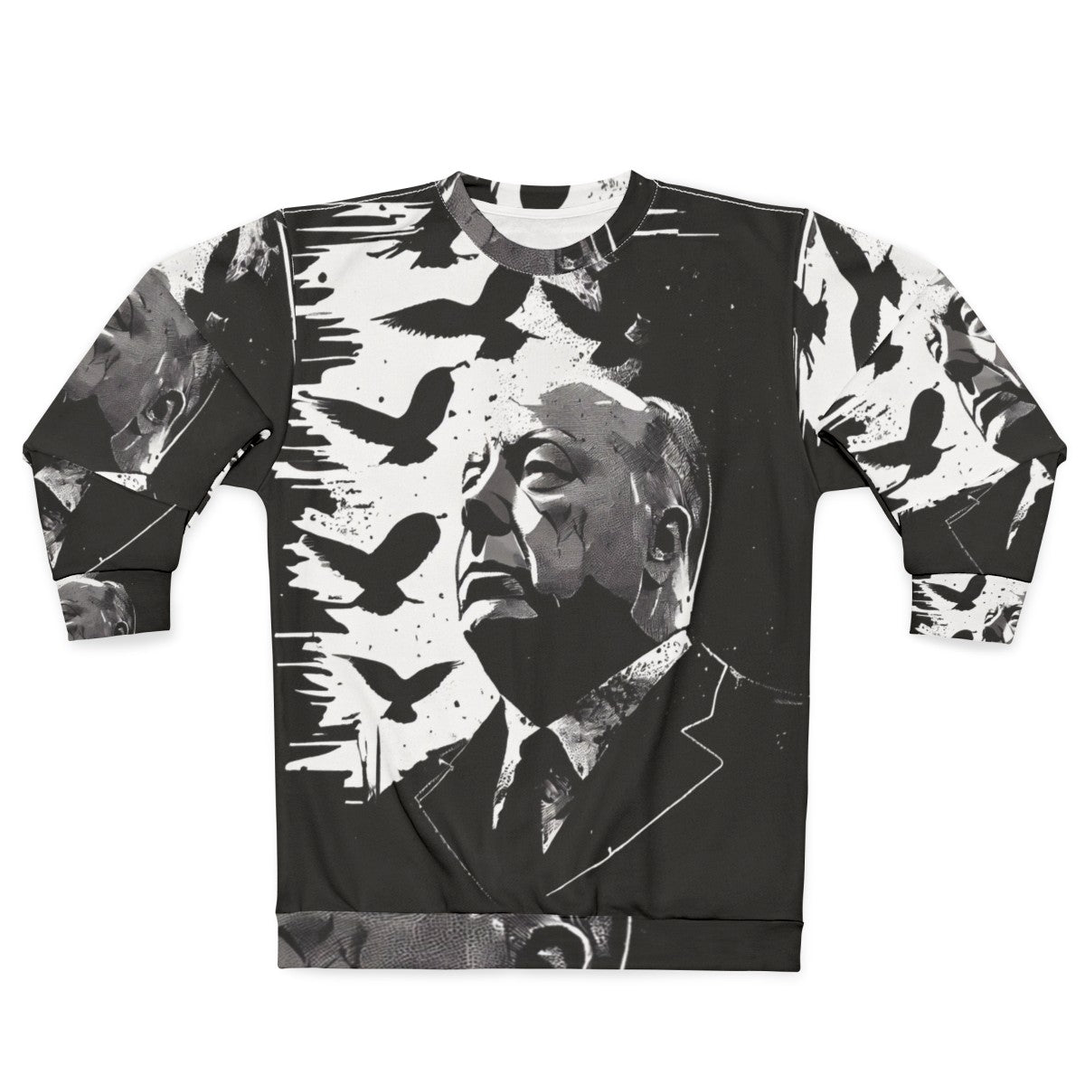 Alfred Hitchcock portrait sweatshirt with "The Birds" film reference