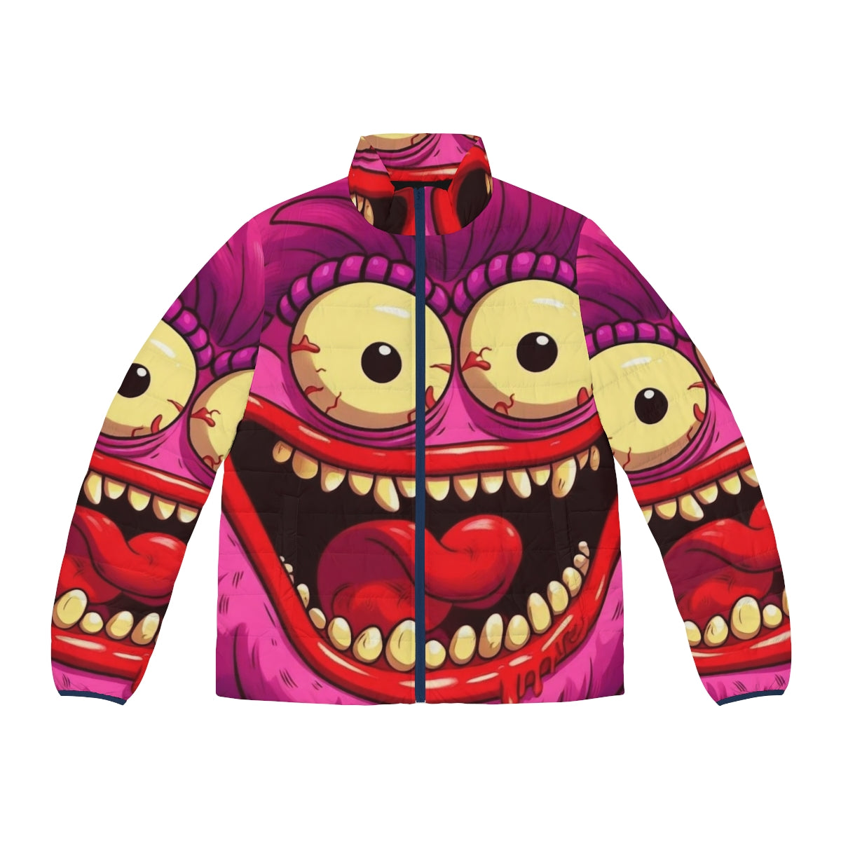 Colorful and vibrant puffer jacket featuring the Big Mouth hormone monster