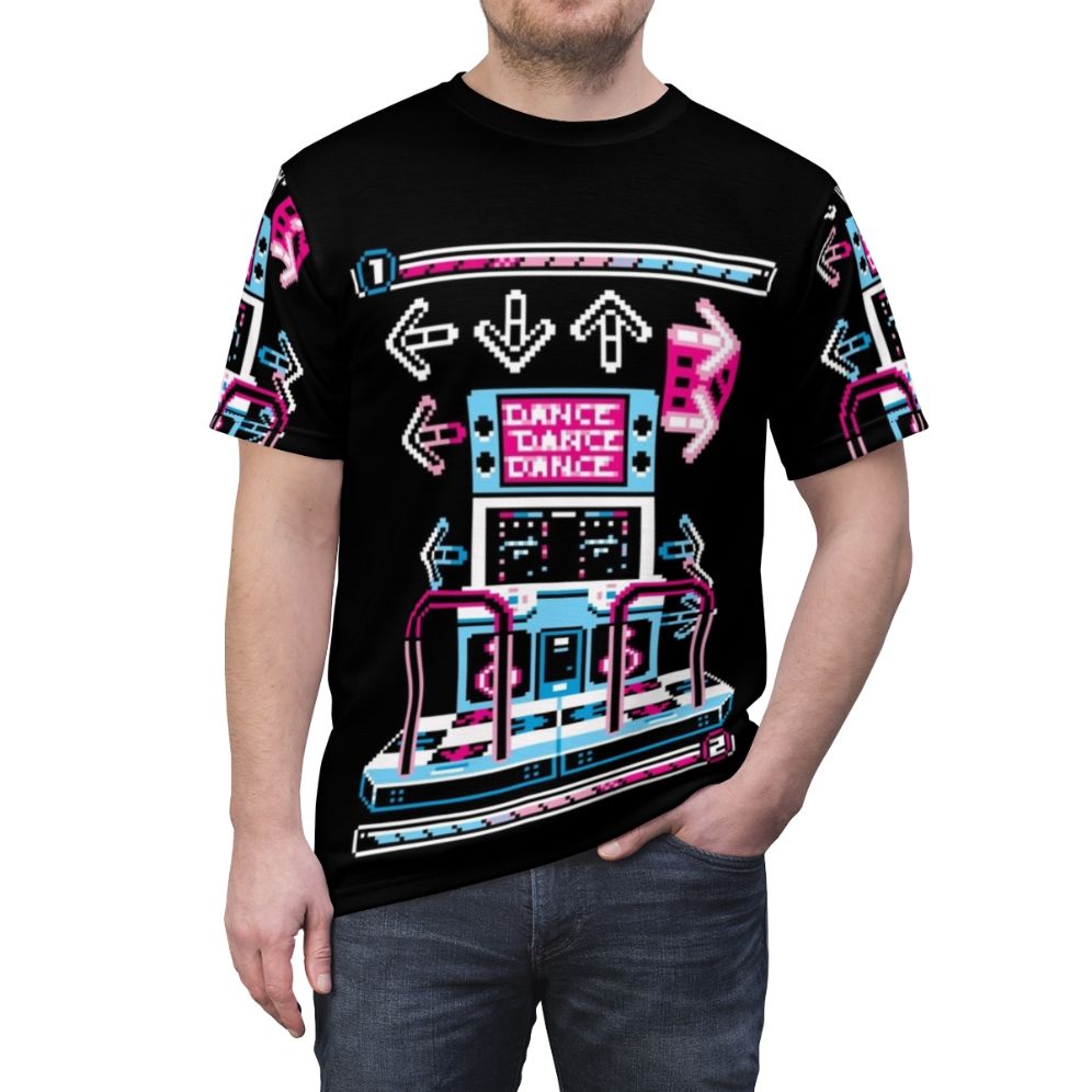 Retro dance arcade-style pixel art graphic on a t-shirt - men front