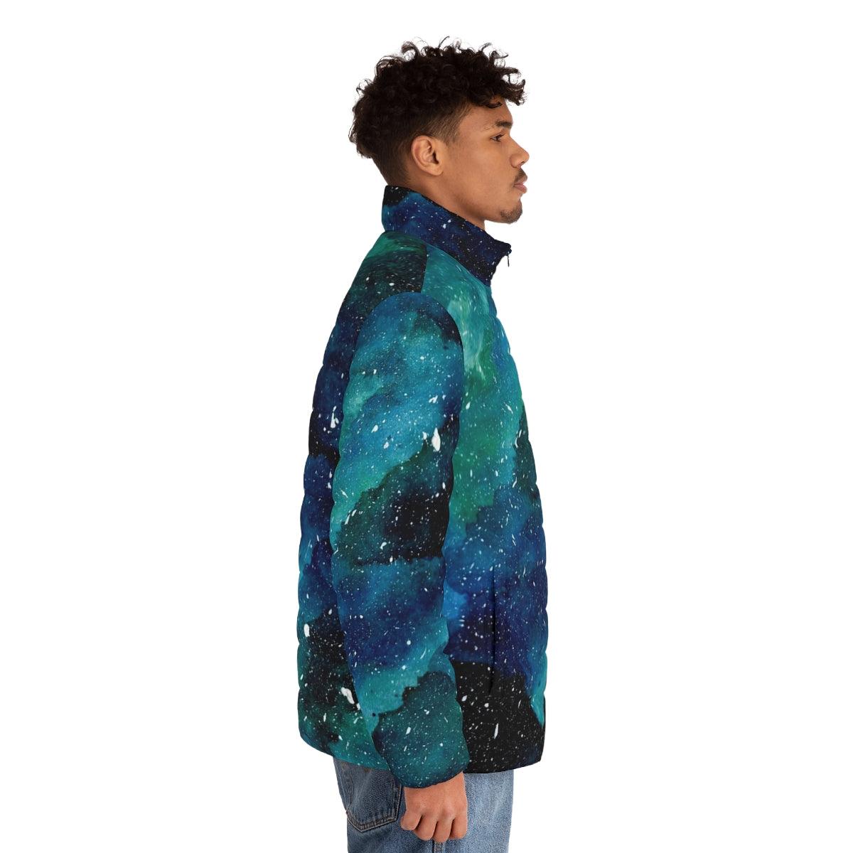 Emerald galaxy puffer jacket featuring a beautiful cosmic design with stars, planets, and a galactic motif - men side right