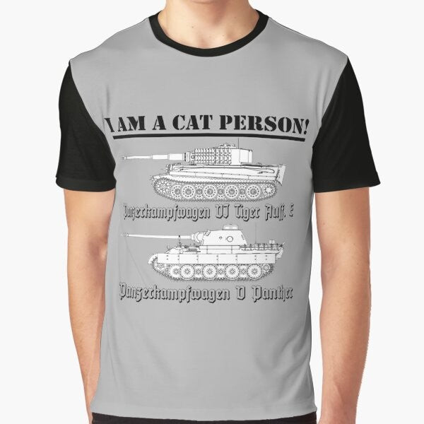 Graphic t-shirt with "I Am A Cat Person" design and tank/military imagery