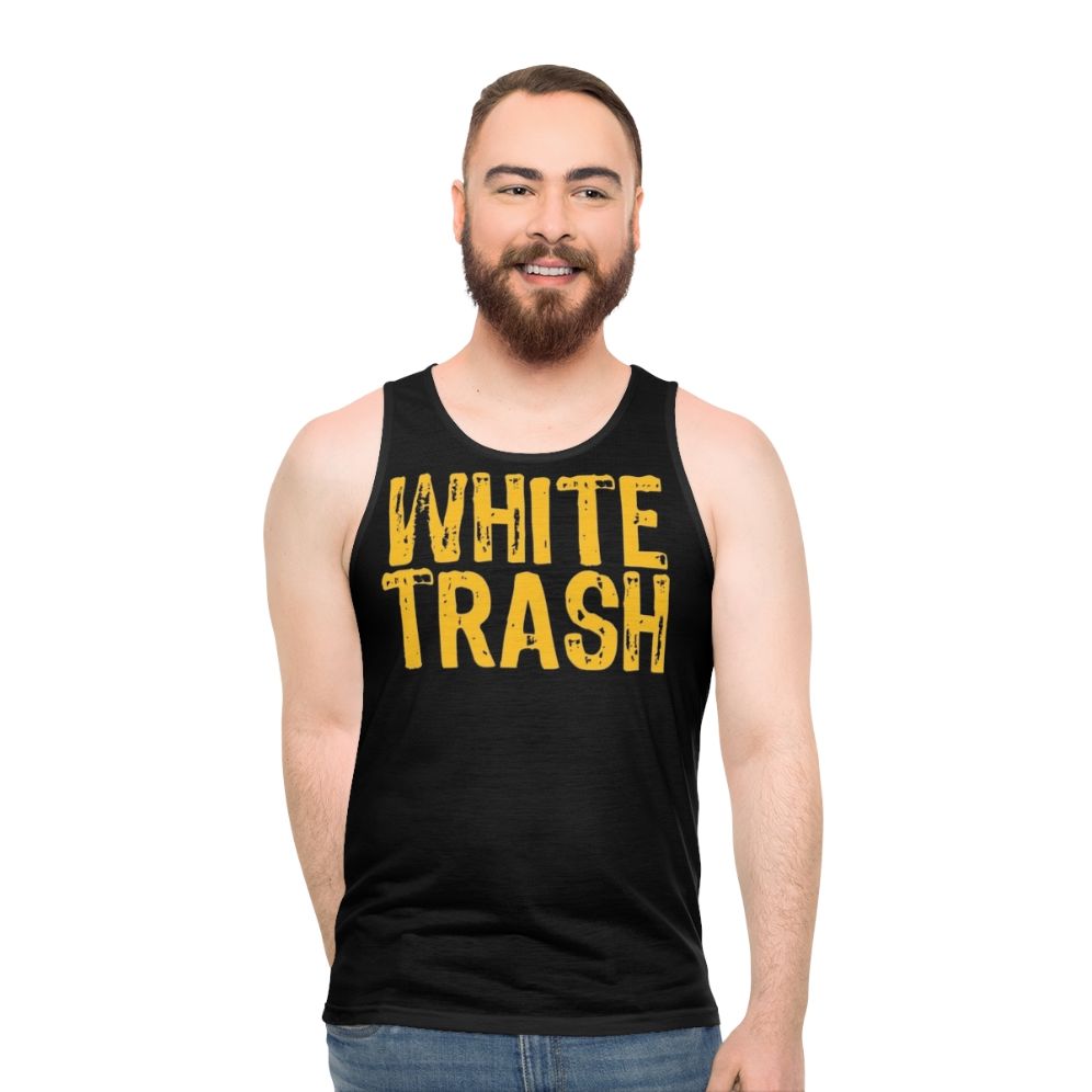 Unisex white tank top with funny "trailer trash" design - men