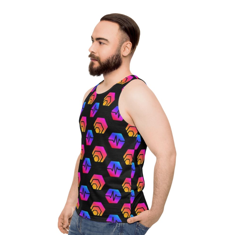 Unisex tank top with Hex crypto and Pulsechain logo design - men side