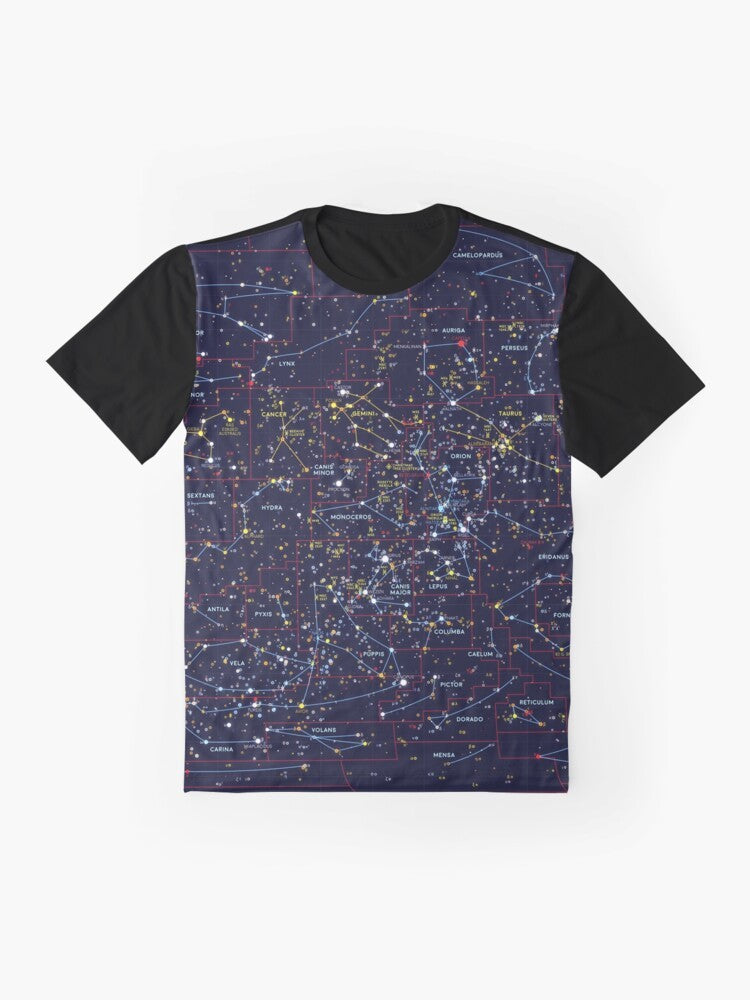 Night Constellations Graphic T-Shirt featuring stars, galaxies, and celestial elements in a visually striking design. - Flat lay