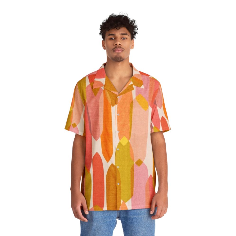 Colorful mid century modern Hawaiian shirt with abstract droplet pattern - People Front