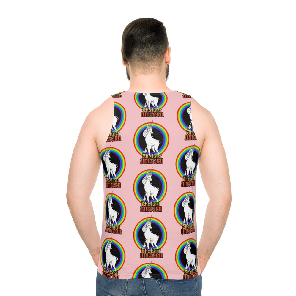 Unisex tank top featuring a white unicorn against a rainbow backdrop - men back