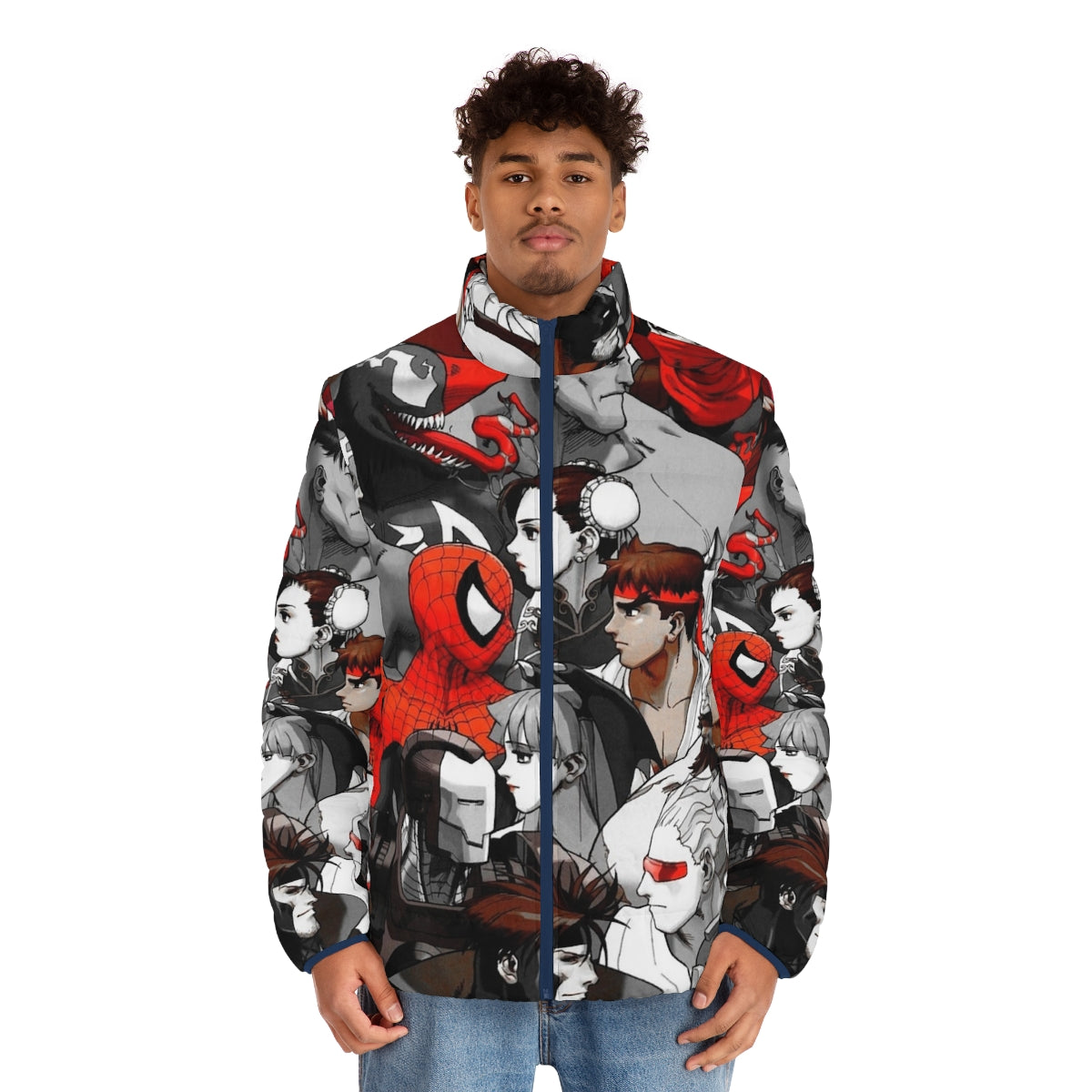 Marvel vs Capcom red puffer jacket featuring characters from popular video game and comic franchises - men front