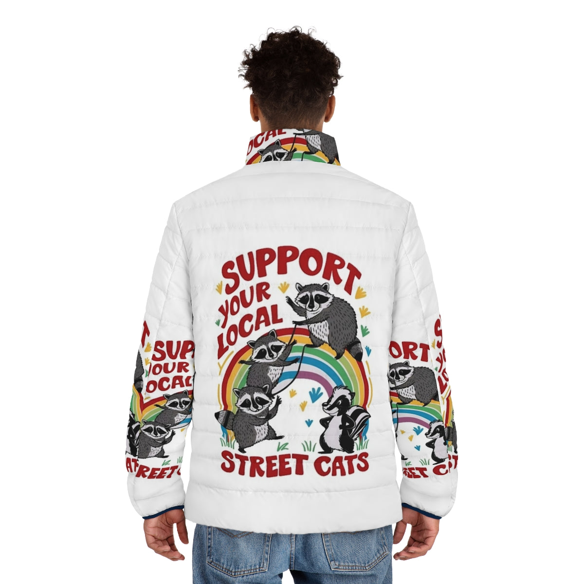 Retro-style puffer jacket with a graphic of street cats in a gang - men back