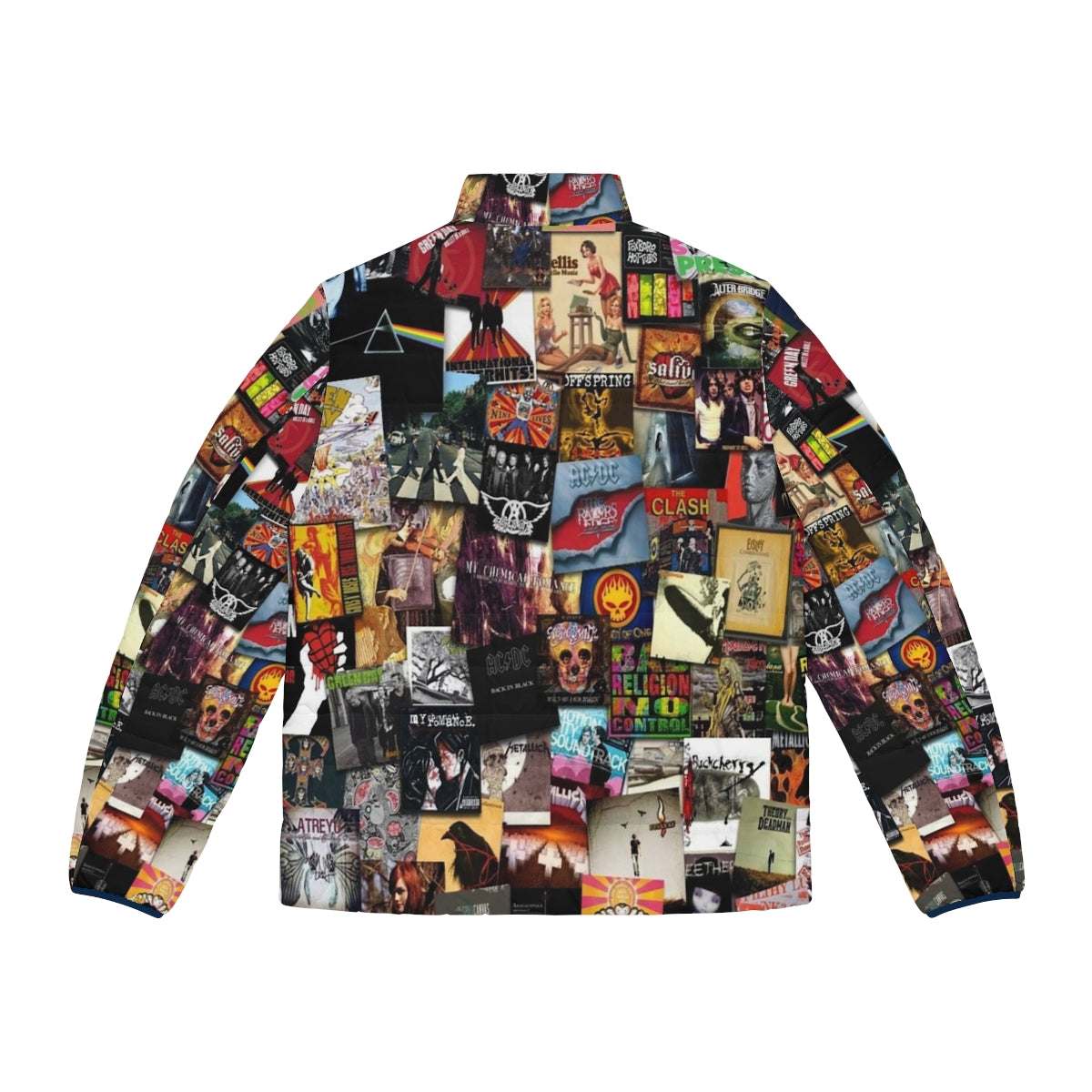 A puffer jacket featuring a collage of music album covers and band logos - Back