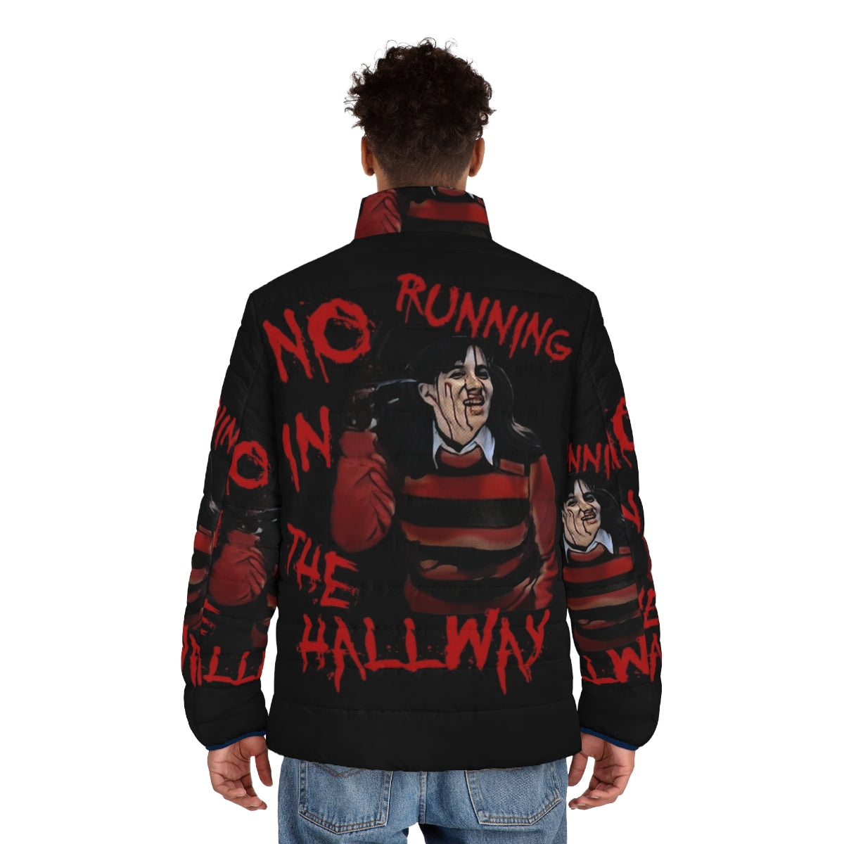 "No Running in the Hallway" puffer jacket with Freddy Krueger inspired design - men back