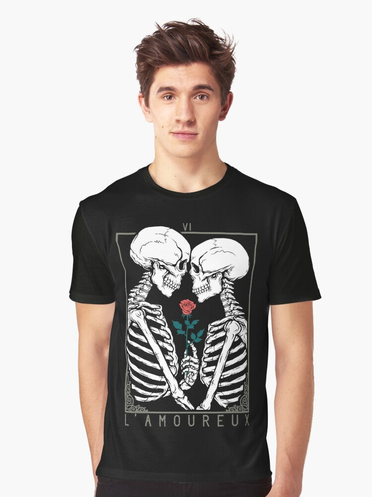 The Lovers tarot card graphic design with skulls, flowers, and a couple kissing on a gothic t-shirt. - Men