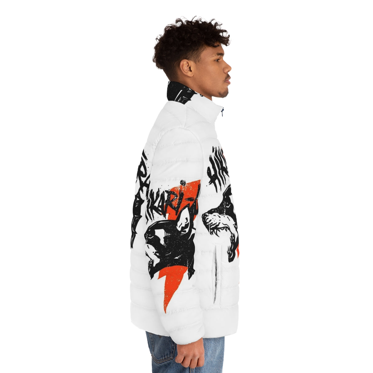 A red vintage-inspired puffer jacket with a bold 'Thunder Dog' graphic. - men side right