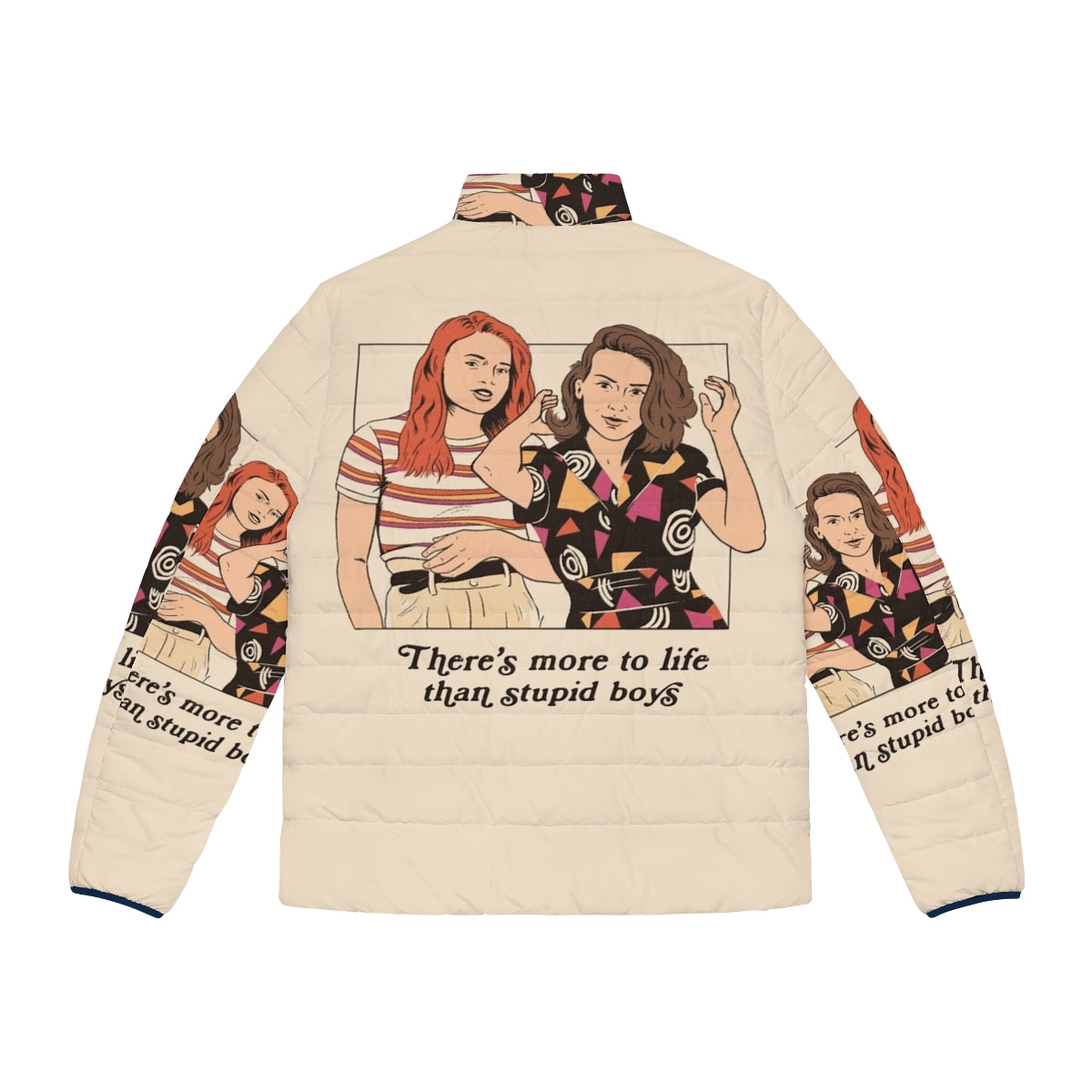 Retro feminist puffer jacket with Stranger Things-inspired design - Back