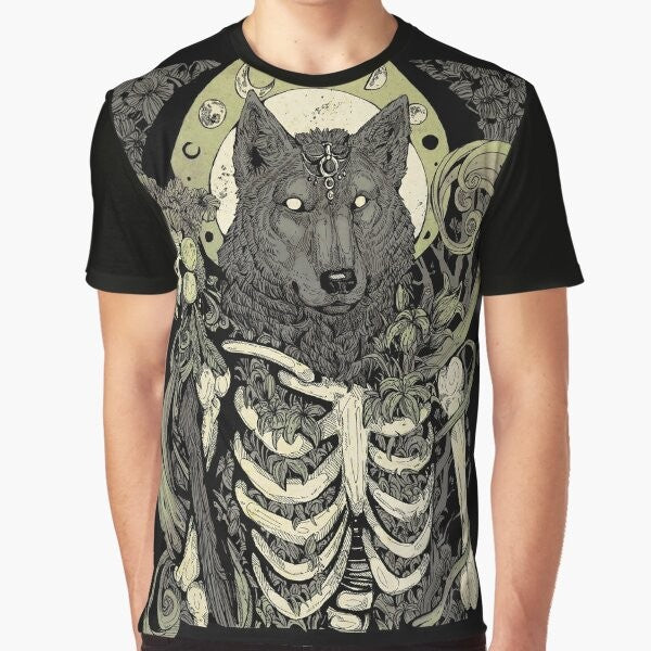 Werewolf graphic t-shirt with a dark, mythical design featuring a wolf skull and skeleton elements