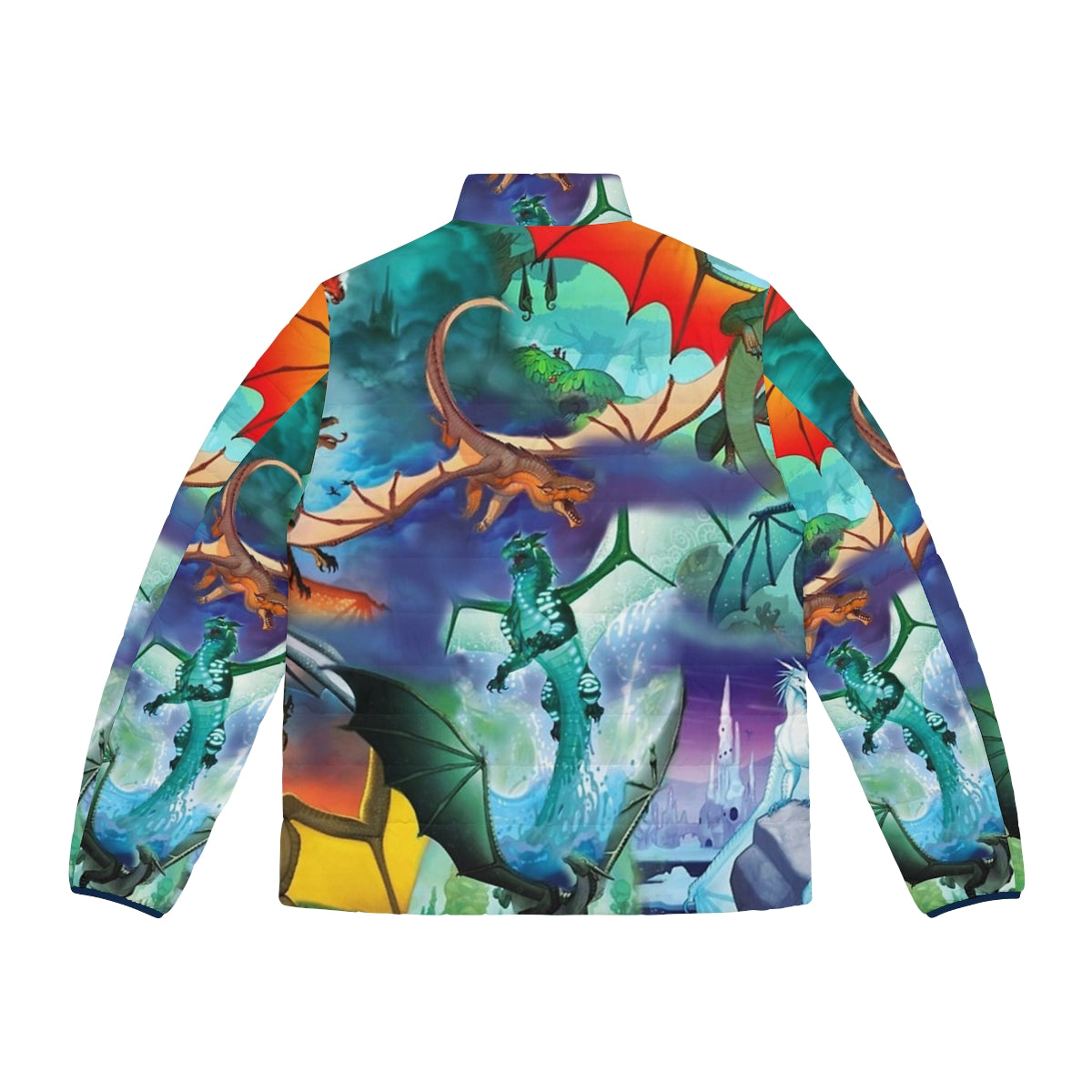 Dragon puffer jacket with colorful all dragon pattern background - Back