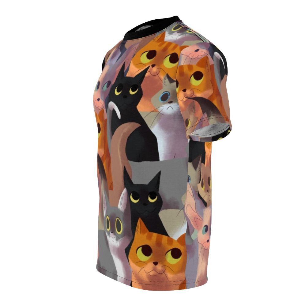 Stylish all-over print t-shirt featuring a vibrant, whimsical cat pattern design - men left