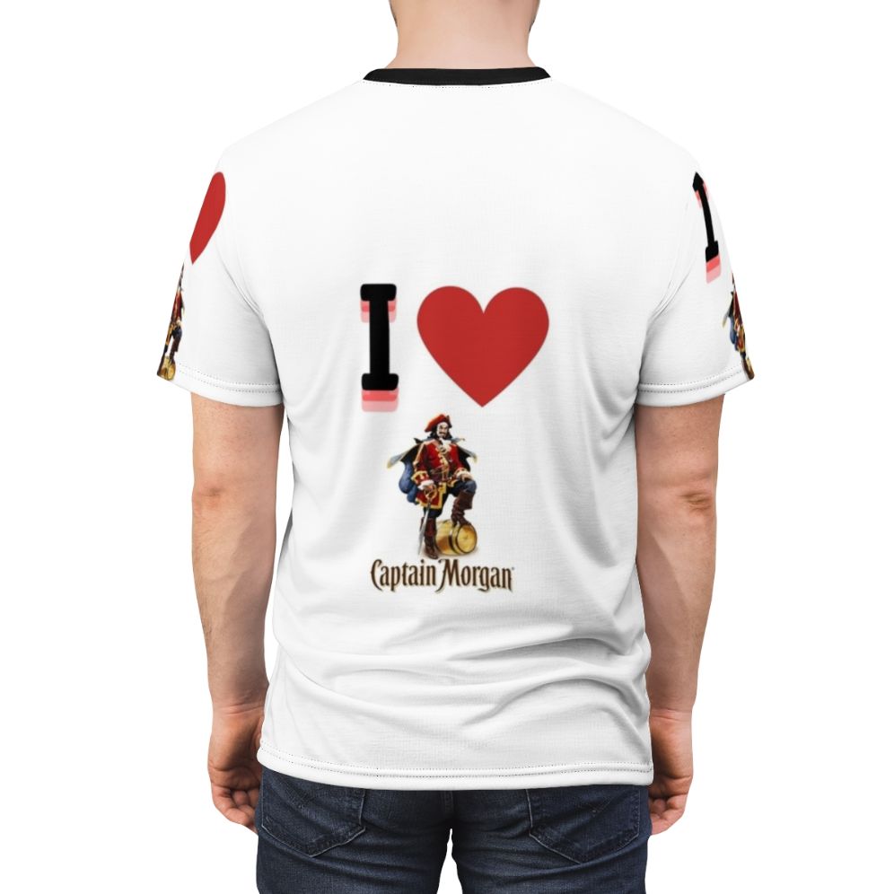 Man wearing a t-shirt with a captain morgan design - men back