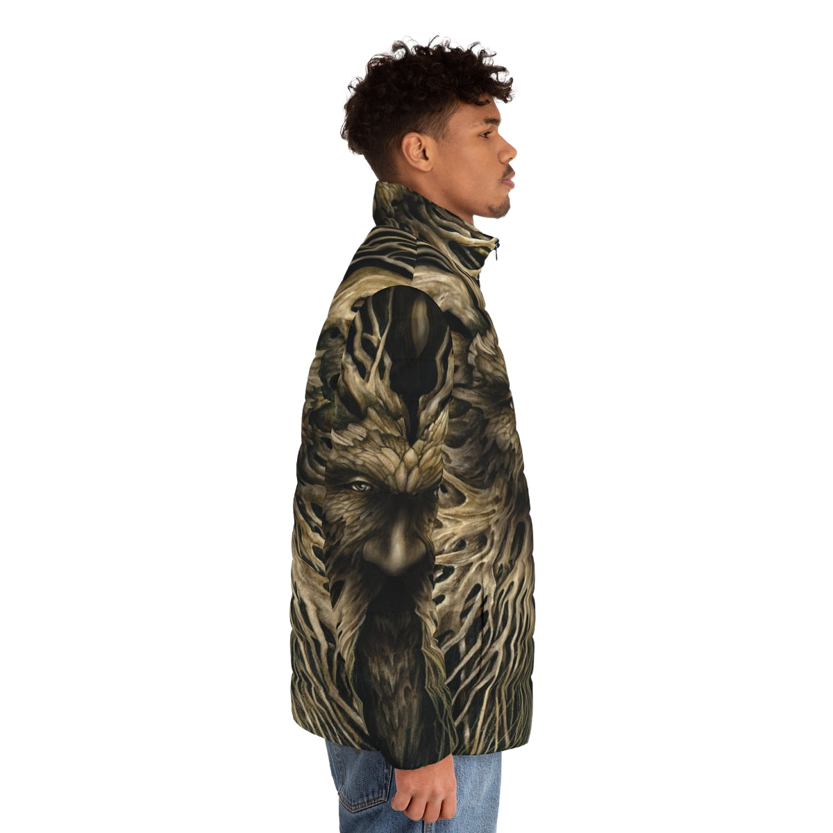 Model wearing Lord of the Greenwood puffer jacket, inspired by mythological woodland spirits - men side right