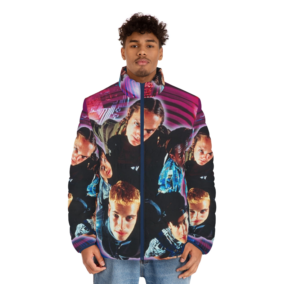 Hacker inspired puffer jacket, featuring a 90s cult classic movie design - men front