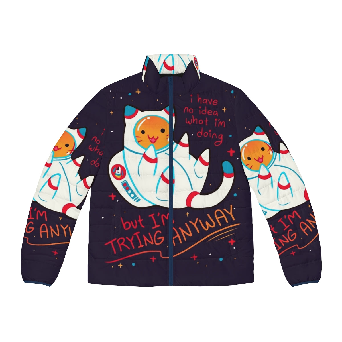 Cozy and stylish cat astronaut puffer jacket with inspirational positive affirmations