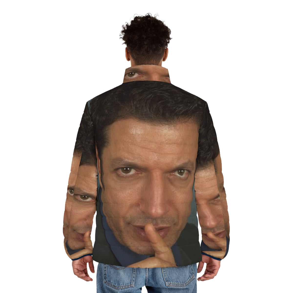 Jeff Goldblum wearing a puffer jacket from the Jurassic Park movie - men back