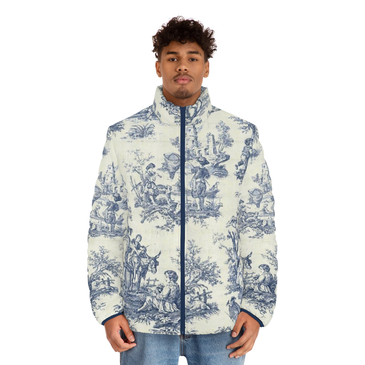 Powder blue puffer jacket with vintage French toile and floral designs - men front