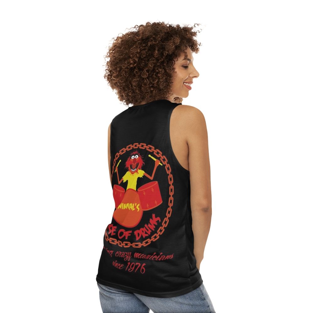 Muppet-Inspired Unisex Tank Top with Drums and Chains - women back