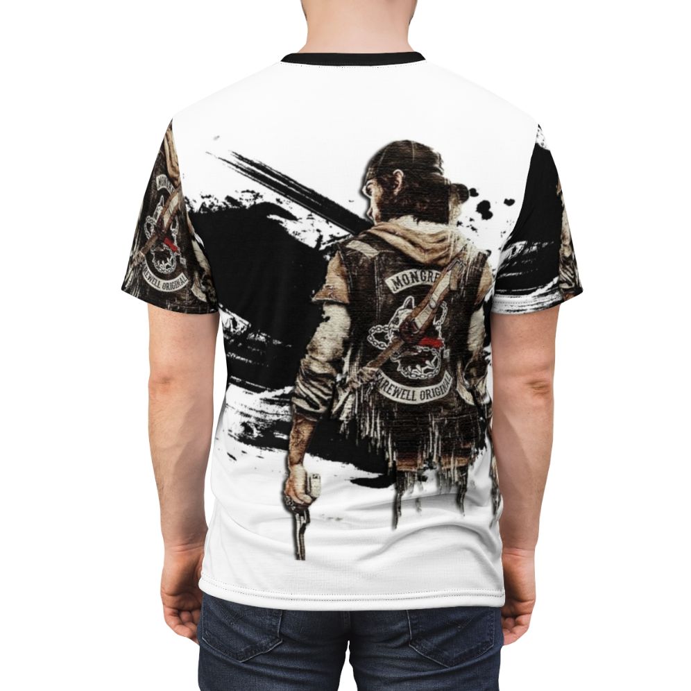 Stylized all-over-print t-shirt featuring the post-apocalyptic setting and characters from the video game Days Gone - men back