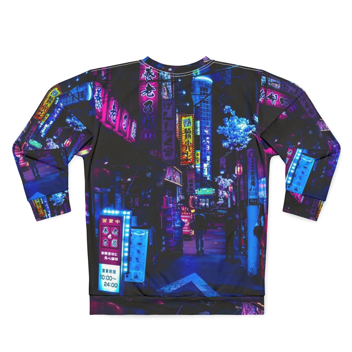 "Blue Tokyo Alley Sweatshirt with Cyberpunk Neon Streetwear Design" - Back