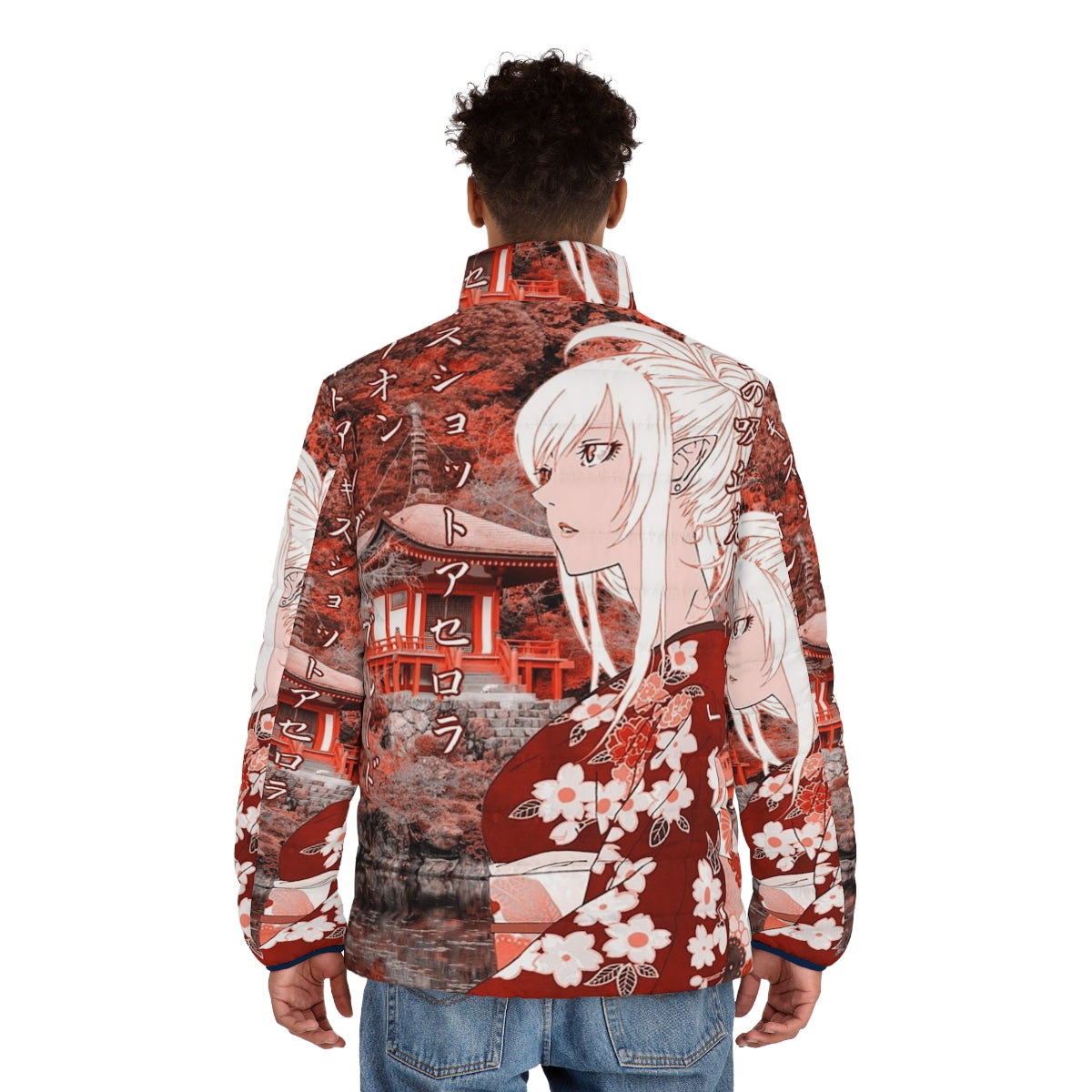 Anime-inspired Kiss Shot Yukata puffer jacket with beautiful scenery and quote - men back