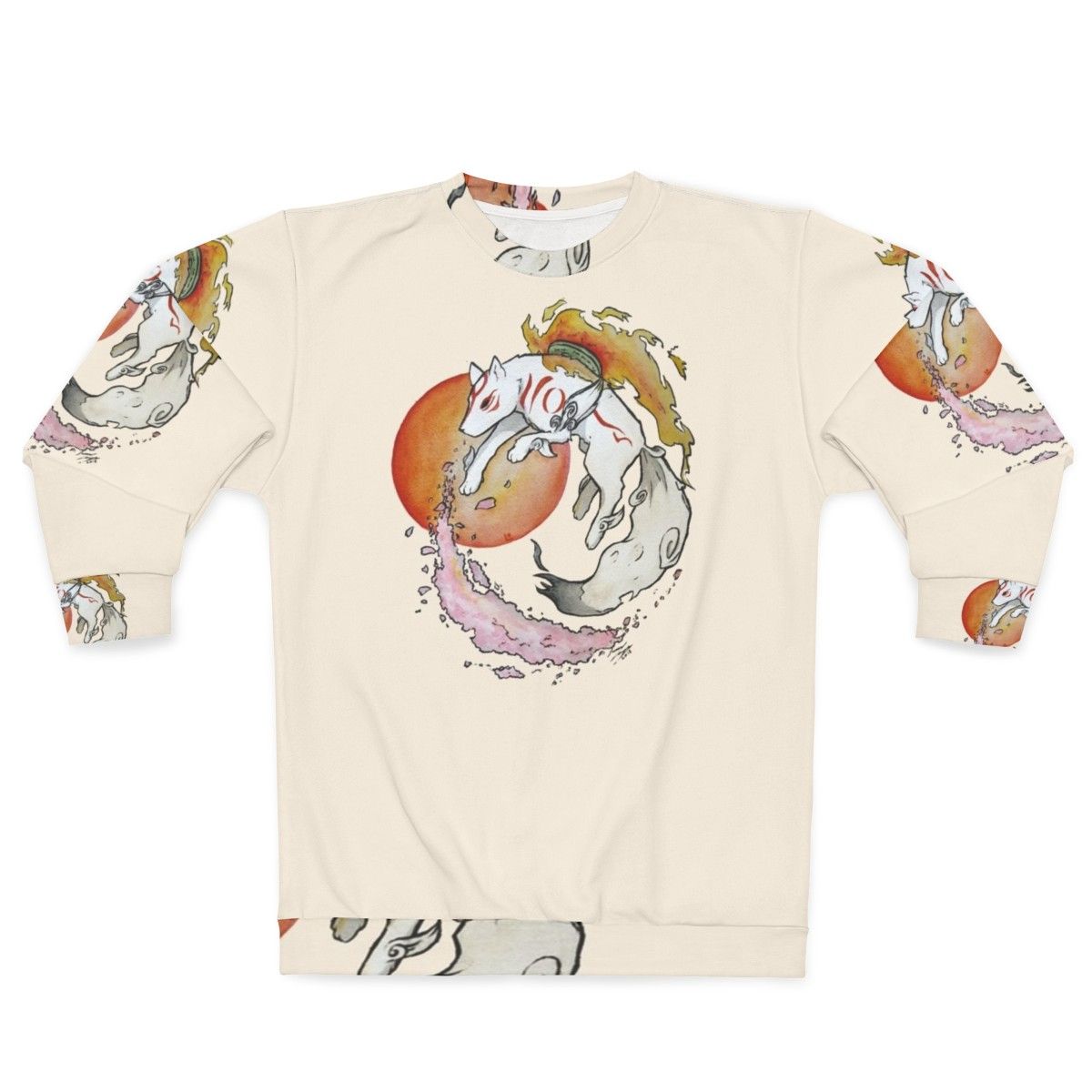 Okami Inspired Sweatshirt with Watercolor Wolf, Sun, and Sakura Flowers