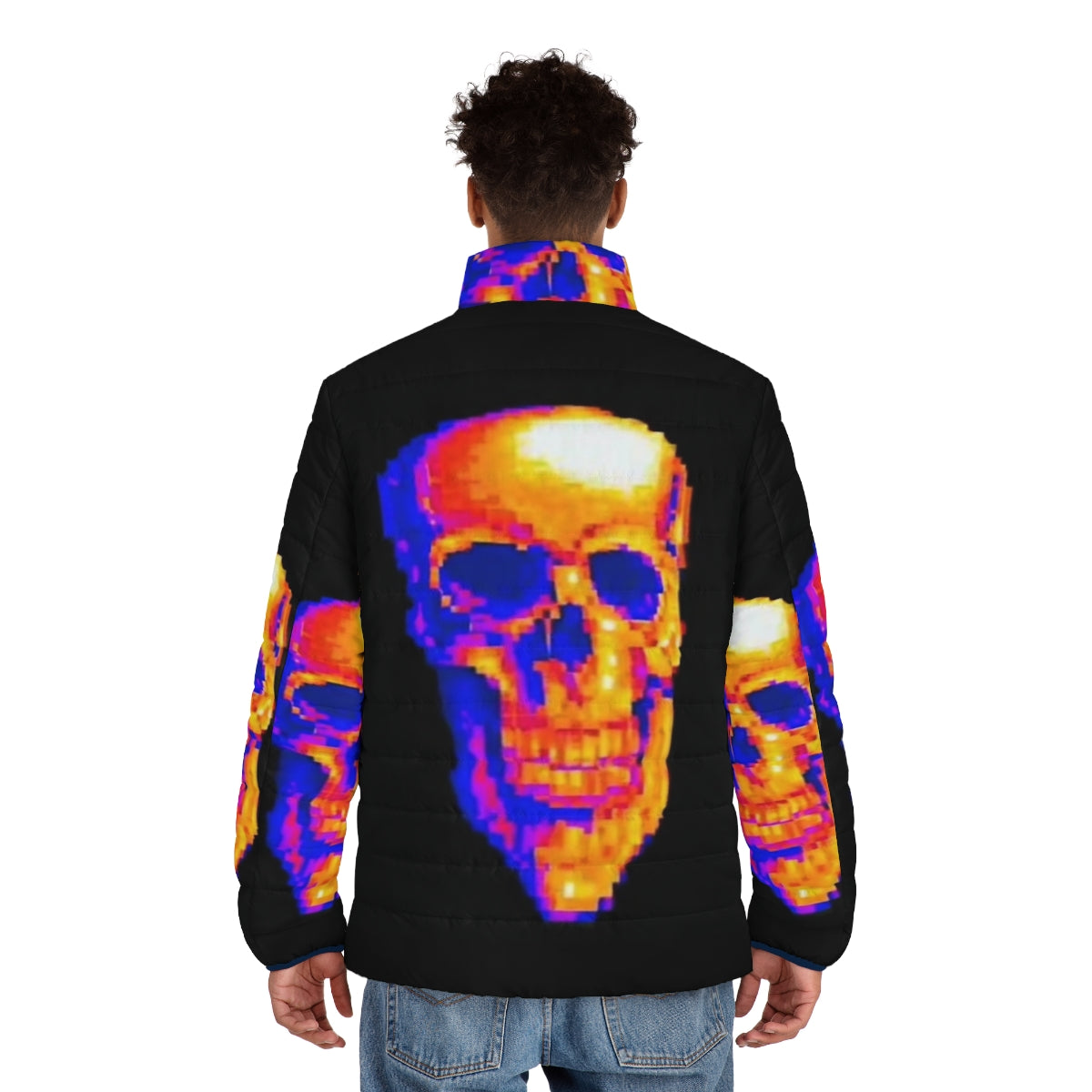 Mde Puffer Jacket featuring pixel art and a skull design - men back