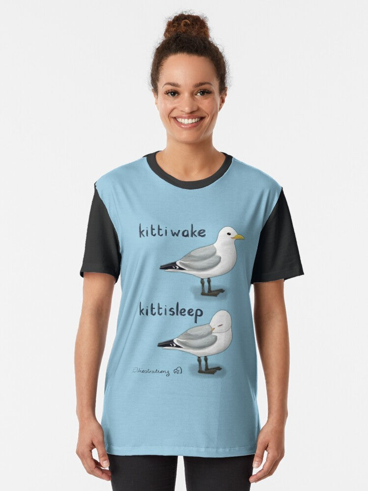 Illustration of a cute kittiwake seabird sleeping on a t-shirt - Women