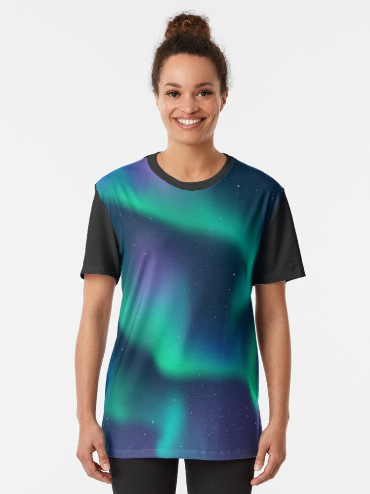 A t-shirt design featuring the mesmerizing aurora borealis, the natural phenomenon of the northern lights. - Women