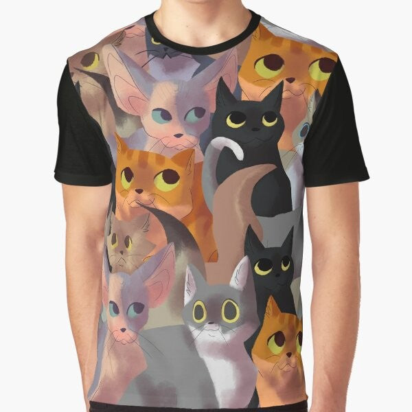 Graphic t-shirt featuring a cute and playful cat pattern design, ideal for cat lovers.