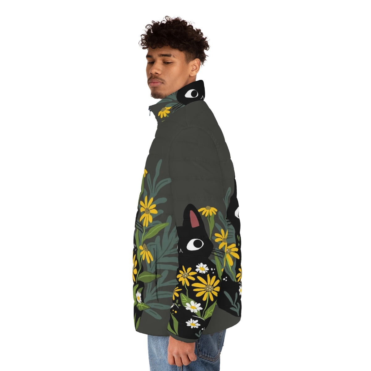 Black cat puffer jacket with colorful flowers - men side left