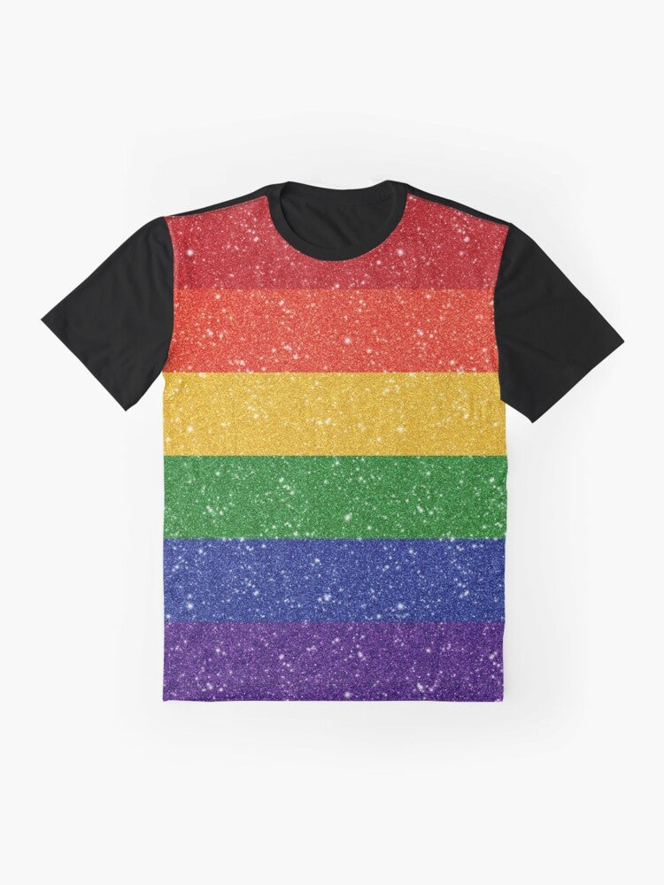 Glitter LGBTQ pride rainbow flag graphic design on a t-shirt - Flat lay