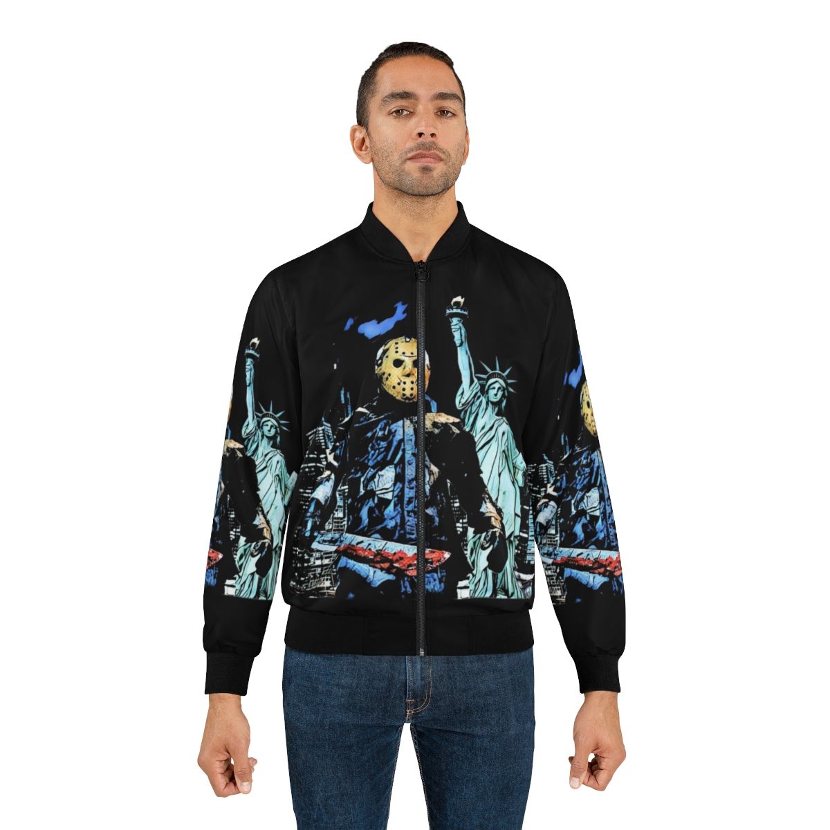 Horror movie inspired "Jason Takes Manhattan" bomber jacket featuring Friday the 13th character - Lifestyle