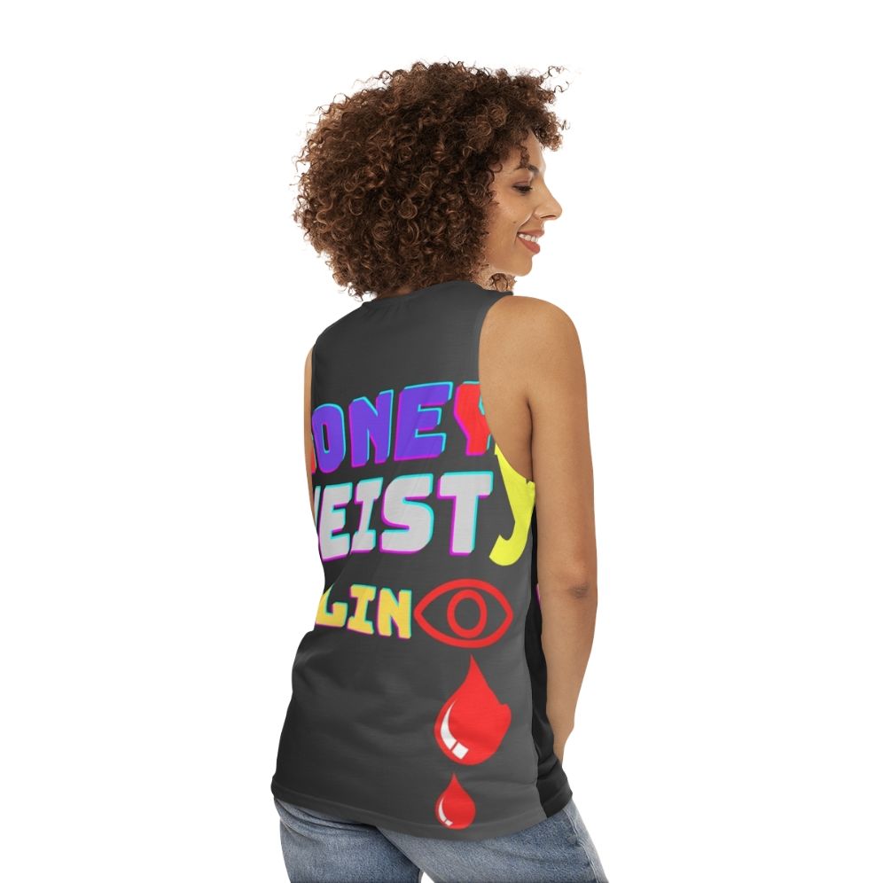 Unisex tank top with "Money Heist" inspired design - women back