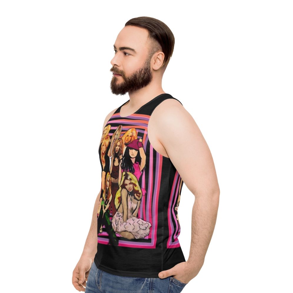 Retro pop art unisex tank top with 90s music references - men side