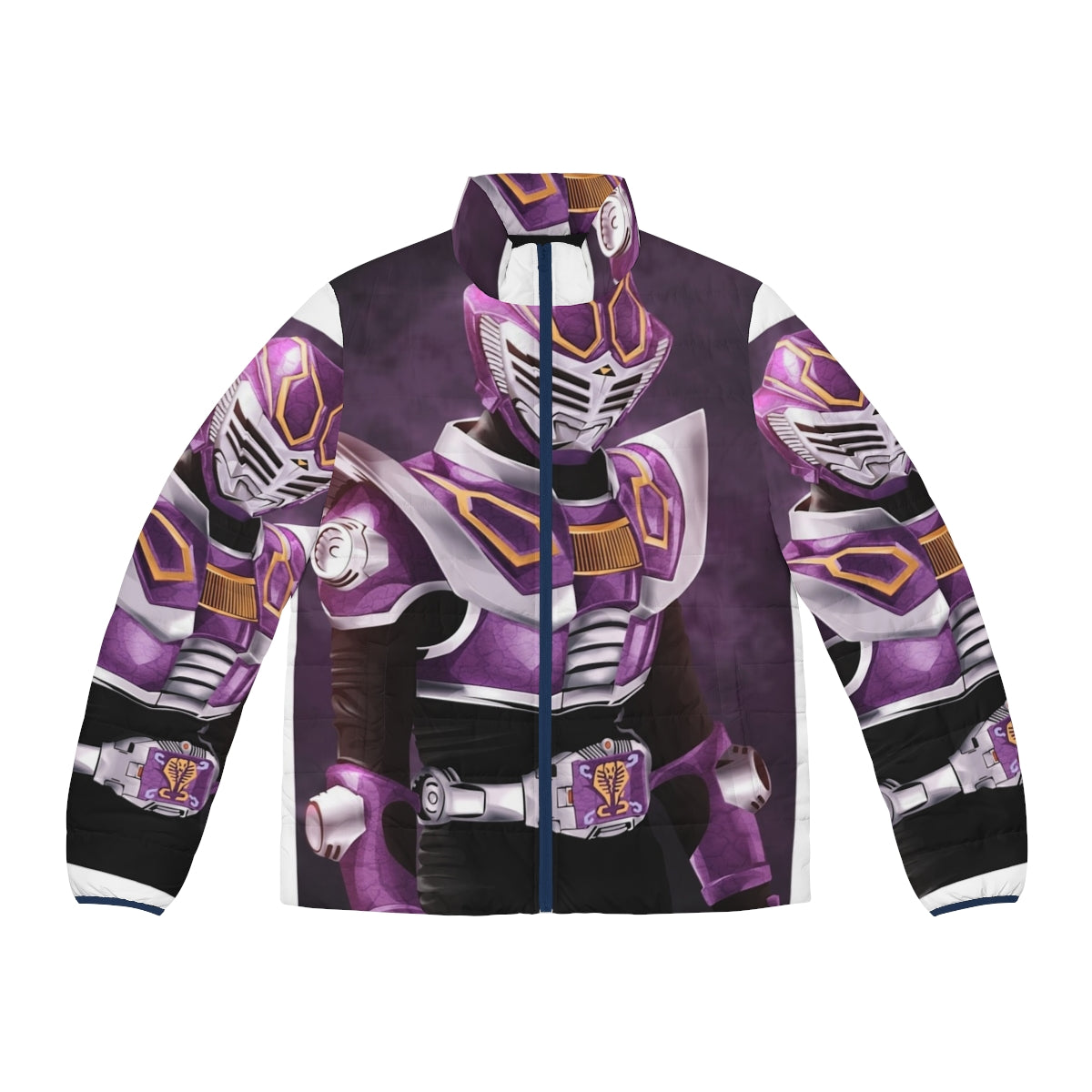 Masked Rider Ouja inspired puffer jacket for tokusatsu fans and anime enthusiasts