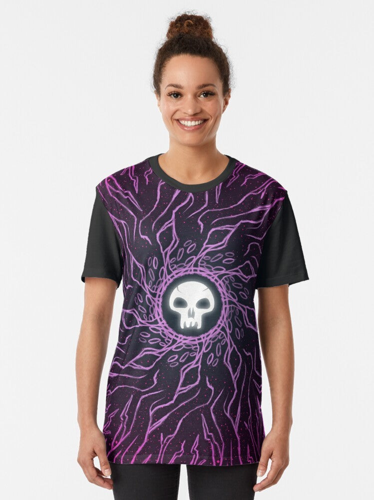 Minimalist black mana skull graphic t-shirt for magic the gathering fans - Women