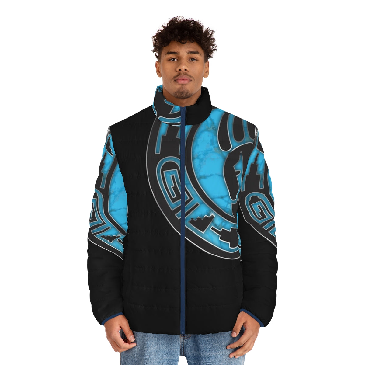 Hopi bear paw turquoise puffer jacket with native american cultural design - men front